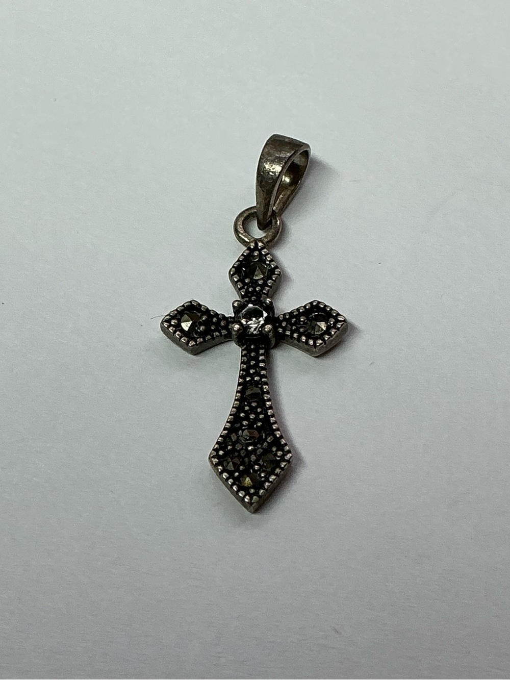 Sterling Silver Marcasite Cross Pendant with a clear stone. 1 inch long